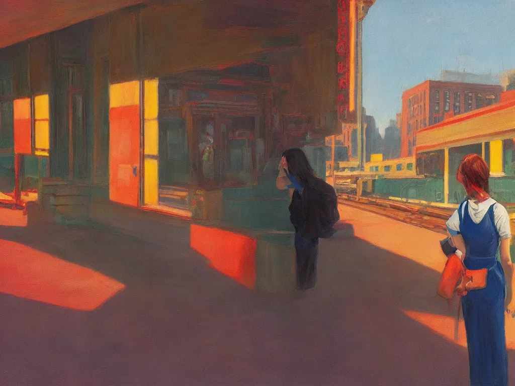 Prompt: lone girl waiting for the train in a half remembered dream, vibrant colors americana, cinematic, volumetric lighting, realistic, detailed, painting in the style of Edward Hopper