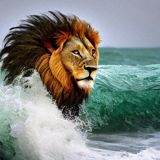 Image similar to a lion's face breaching through a wave, stormy weather