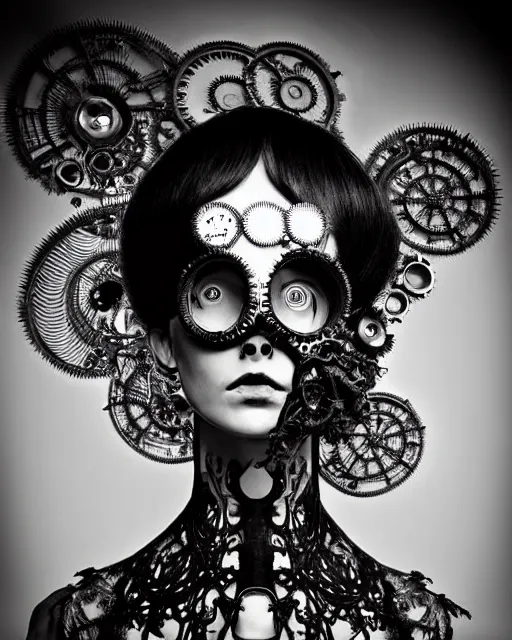 Image similar to surreal dark poetic black and white photo portrait of complex bio-mechanical beautiful young silver female vegetal-cyborg with a Mandelbrot fractal steampunk metal fine lace face, a very long neck and a fine metal floral foliage super big lace collar by Vivienne Westwood:: smoke, high fashion, haute couture, rococo, steampunk, avant-garde, silver filigree details, anatomical, facial muscles, cable wires, microchip, elegant, dreamy, foggy atmosphere, hyper realistic, 150 mm lens, soft rim light, octane render, unreal engine, picture was taken in 1910 by Man Ray, volumetric lighting, dramatic light,8k,