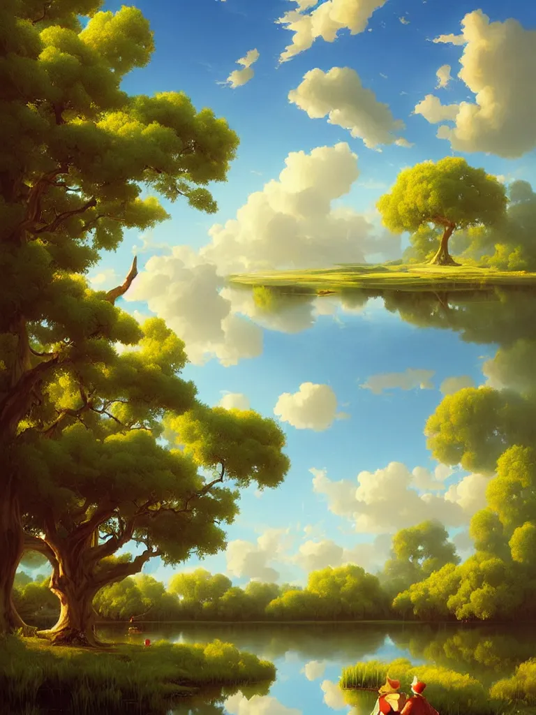 Prompt: a pond with fantasy trees serene puffy cloudy sky of candy clouds, Digital Matte Illustration by RHADS and asher brown durand