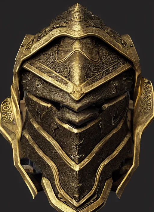 Image similar to concept art of ancient soldier wearing an armoured facemask, with intricate carving details in black and gold, ultra realistic, octane render, 8 k, hd, realistic lighting