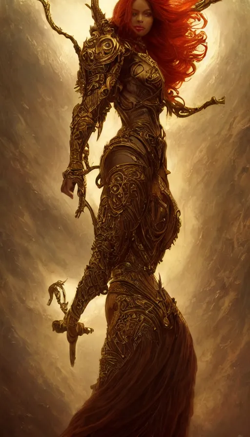 Image similar to ascending dark full body redhead goddess angel, lupe fuentes, intricate armor, highly detailed, glowing, action pose, cinematic, art deco, gold filigree, ethereal, alfonso mucha, zdzisław beksinski, andrei ryabovichev, shaun tan, chriss foss, peter mohrbacher, 4 k