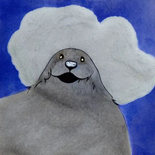 Image similar to happy storm cloud made of fur, mixed media