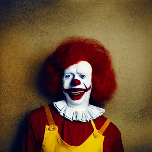 Image similar to ronald mcdonald clown booking photo, arrest, 1800s colorized