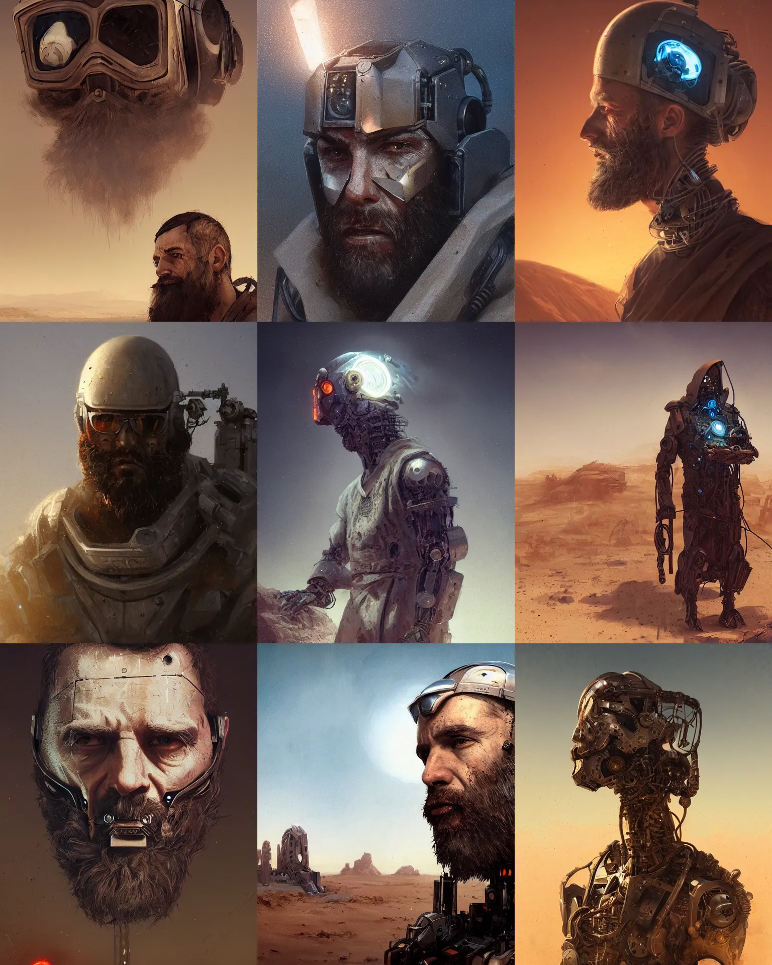 Prompt: a bearded cloaked rugged engineer man with cybernetic enhancementslost in the desert, scifi character portrait by greg rutkowski, esuthio, craig mullins, 1 / 4 headshot, cinematic lighting, dystopian scifi gear, gloomy, profile picture, mechanical, half robot, implants, steampunk