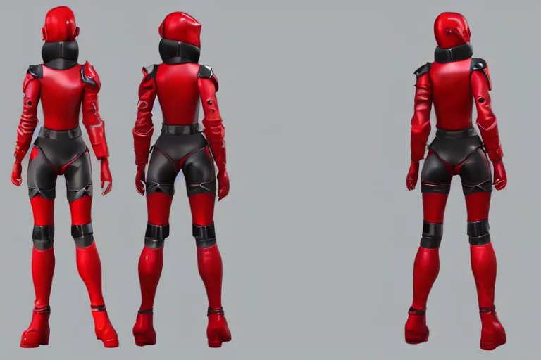 Image similar to 3d model sheet tpose turnaround of a cute sensual female sci fi character with black hair and red armored space outfit with stylized pixar mom proportions