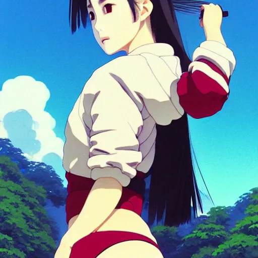 Image similar to a beautiful japanese natalie portman gravure model, wearing oversized native designer bomber jacket and leotard with overalls, bulky poofy bomber jacket with mesoamerican patterns, mesoamerican native street fashion, gapmoe yandere grimdark, trending on pixiv fanbox, painted by greg rutkowski makoto shinkai takashi takeuchi studio ghibli, akihiko yoshida