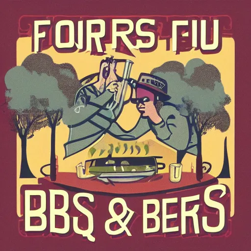 Prompt: album art cover of four guys barbecue and drinking beer