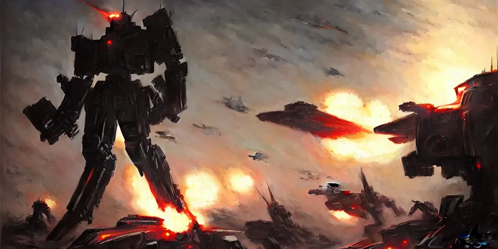 Image similar to an armored core v on the ground, booster flares, legs, laser rifles, karst landscape ; cinematic contrast, dynamic backlighting, sharp edge, motion blur, art by greg rutkowski