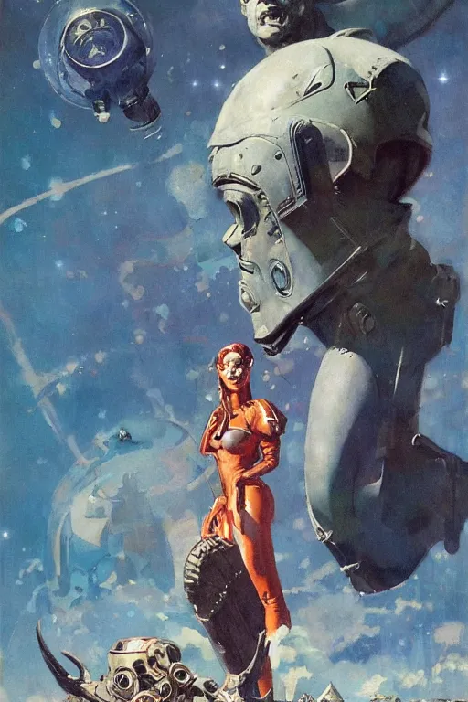 Prompt: full body portrait of gigantic viking demon standing beside elegant space woman in latex spacesuit, by norman rockwell, jack kirby, jon berkey, earle bergey, craig mullins, ruan jia, jeremy mann, tom lovell, marvel, astounding stories, 5 0 s pulp illustration, scifi, fantasy, artstation creature concept