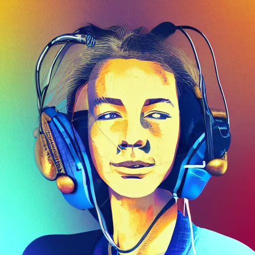 Prompt: realistic portrait of a woman with brown hair, blue jeans and orange tshirt, headset, synthesizer, computer, steampunk, vivid colors