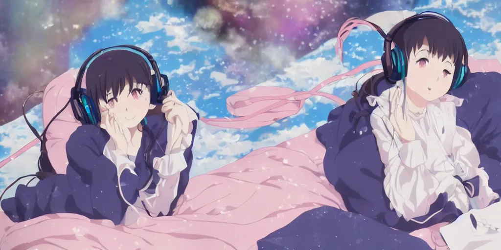 Image similar to girl listening to music at 1 am falling asleep, anime, kyoto animation key visual