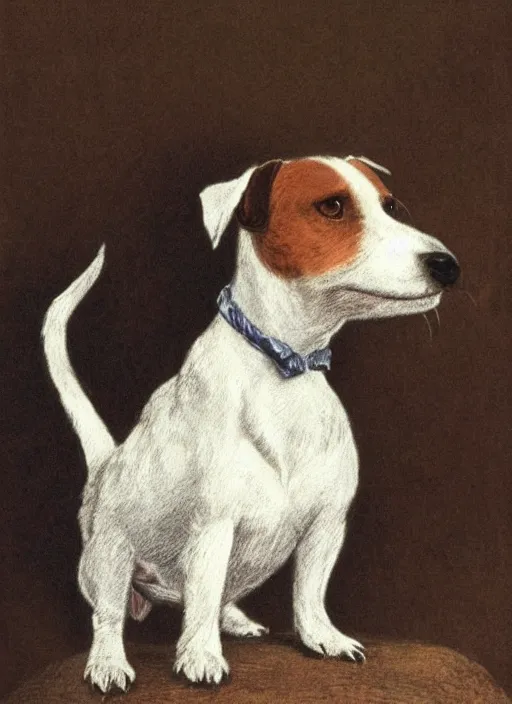 Image similar to portrait of jack russel terrier, illustrated by peggy fortnum and beatrix potter and sir john tenniel