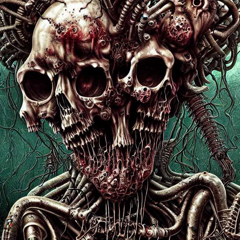 Prompt: death metal album cover. biopunk. zombies, aliens, toxic mutation, biomechanical, herman nitsch, giger. airbrush, high detail.