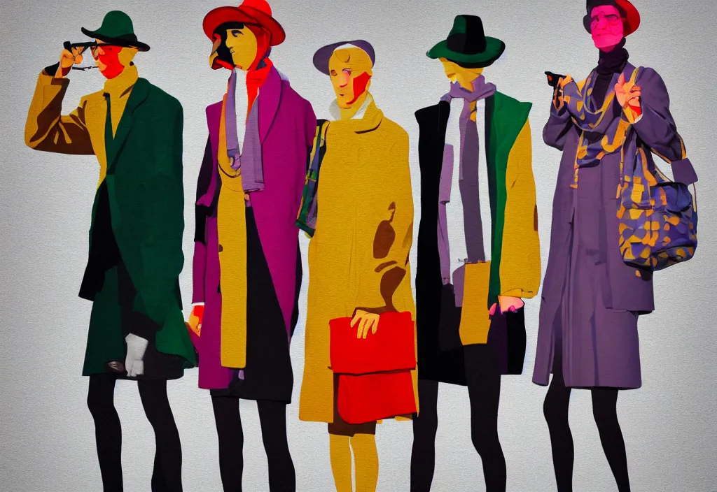 Image similar to full body portrait of a trio of young fashionable european tourists long pattern coat travel apparel, with nikon cameras, sightseeing various poses shooting photos, character designs painting, in the style of wes anderson, rene magritte, lola dupre, david hockney, isolated on white background, dark monochrome neon spraypaint accents volumetric octane render