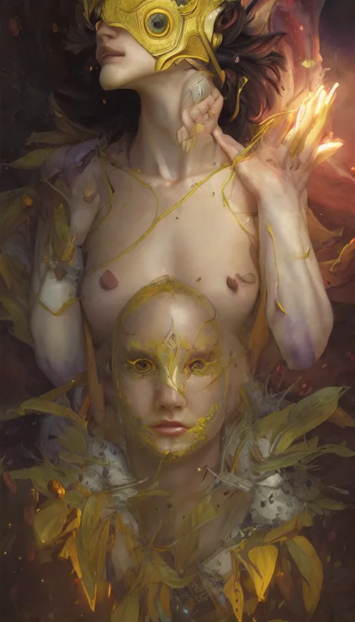 Image similar to epic masterpiece [rincess mononoke, drama, sweaty skin, hyperrealistic, octane render, cinematic, beautiful face and flawless skin, perfect hands, 5 fingers, yellow by Edgar Maxence and Ross Tran and Michael Whelan and Lorenzo Sperlonga, Brom, Legends of Runeterra