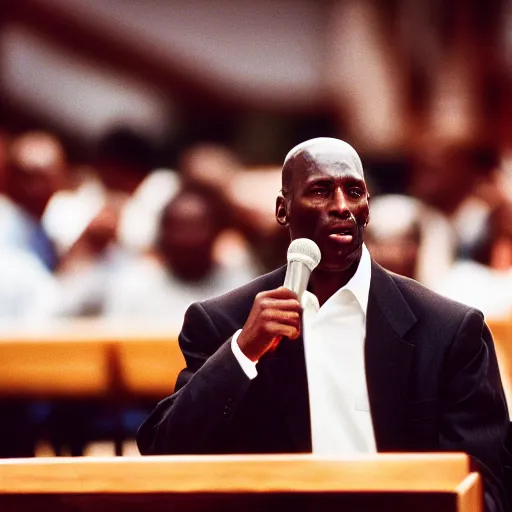 Prompt: a cinematic still of Michael Jordan preaching to a church congregation in 1998, shallow depth of field, portrait, 40mm