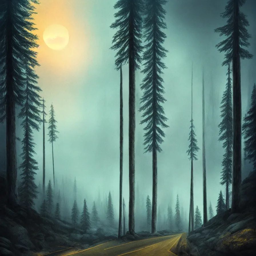 Image similar to symbolist atmospheric ink artwork of a road leading down the horizon through giant pine forests down a rocky mountain coast towards a majestic sunset. good vibes, cloudy and foggy landscape, soft tones, psychedelic, ultra realistic, concept art, modern art, photorealistic, octane render.