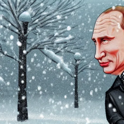 Image similar to caricature of Vladimir Putin alone and depressed in the snow, detailed,