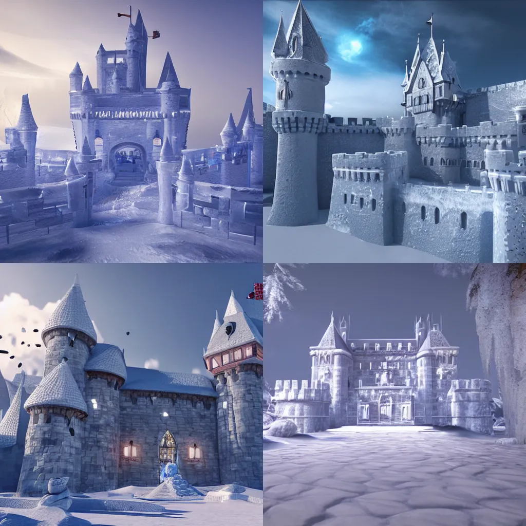 Prompt: A beautiful castle made of ice, 4k, unreal engine, ray tracing, detailed, 3d render, cgi