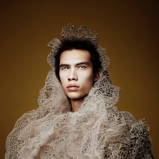 Prompt: a portrait of a beautiful young male wearing an alexander mcqueen cloak made of lace , photographed by andrew thomas huang, artistic