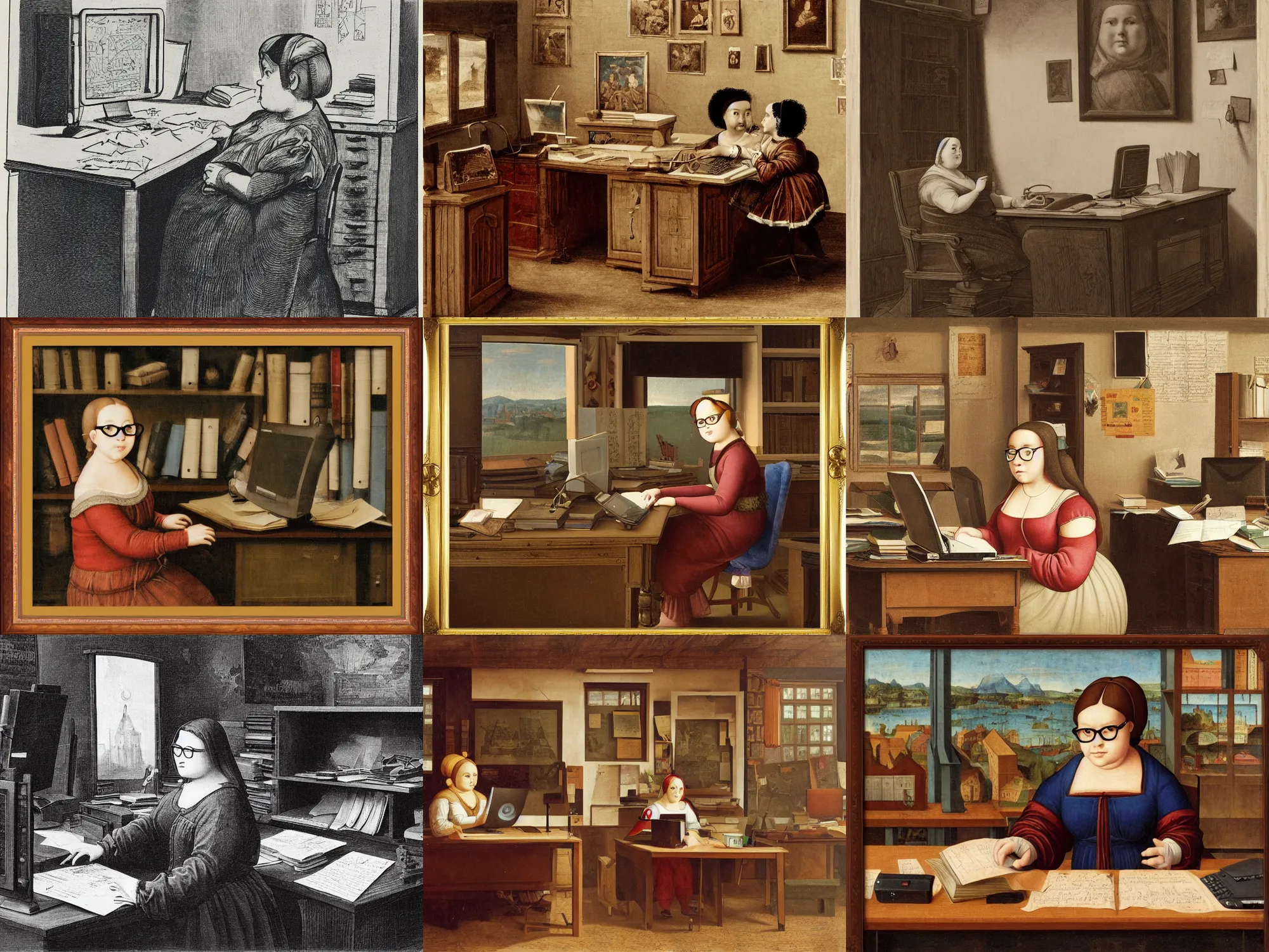 Prompt: an office with a chubby girl with glasses in front of a computer typing, renaissance, wooden frame