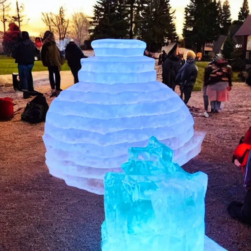 Prompt: ice sculpture made to look like a campfire, guy losing his mind in the background of the photo, dslr photo, realistic