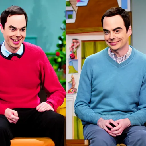 Image similar to jim parsons pretending to be mr. fred rodgers on pbs