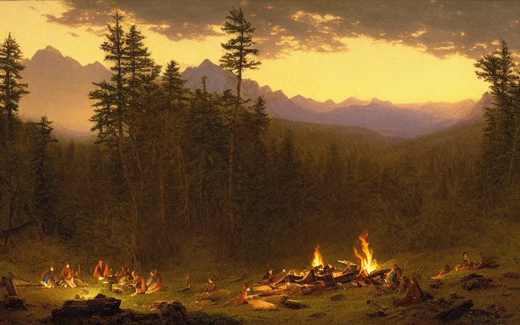 Image similar to campfire on the edge of a forest overlooking a beautiful valley at dusk, cinematic lighting, intricate ink illustration, by albert bierstadt