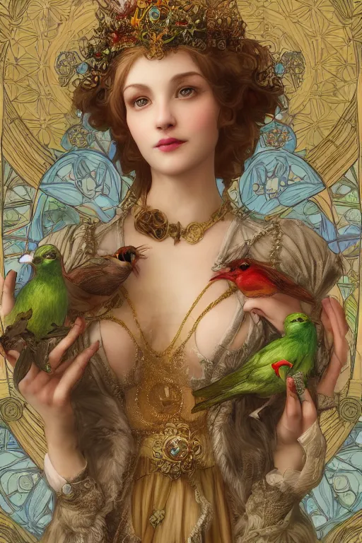 Image similar to zoomed out 3 d render of english princess holding birds, ornaments, mucha vibe, dieselpunk, solarpunk, artstation