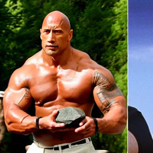 Prompt: dwayne johnson picking up a rock that looks like kevin heart. photo