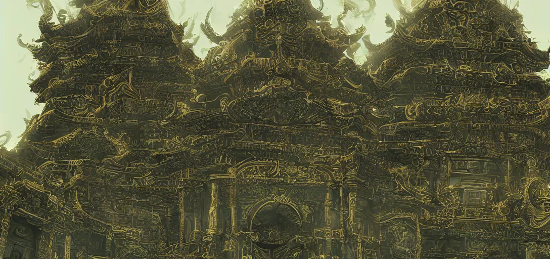 Prompt: extreme long shot of strange temple, the building is covert with glyphs and on the top of the temple big gold design, hyper detailed, trending on artstation, green tones, glow