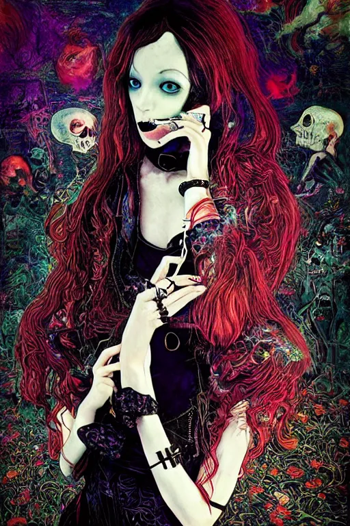 Image similar to Gothic girl smoking a cigarette, 60s kitsch and psychedelia, dark background. digital art. amazing quality. perfect lighting. Professional design. Great composition. by Ayami Kojima and Tomoyuki Yamasaki and Tsutomu Nihei, octane render, award winning art. impressive colors. trending on artstation. James Ensor style