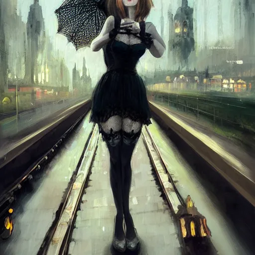 Image similar to woman in a black lace dress and thigh highs standing at a european train station, expressive oil painting, detailed digital art, by yoshitaka amano, by greg rutkowski, by dan mumford, by makoto shinkai, highly detailed lineart, evening, volumetrics