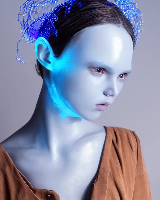 Prompt: natural light, soft focus portrait of an android with soft synthetic blue skin, bioluminescent plastics, smooth shiny metal, elaborate head piece, piercings, skin textures, by annie liebovotz,