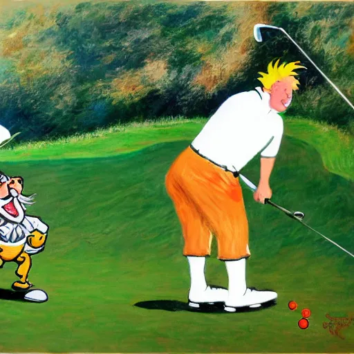 Prompt: dave chizzy chisnall playing golf with snarf from thundercats, as painted by claude monet