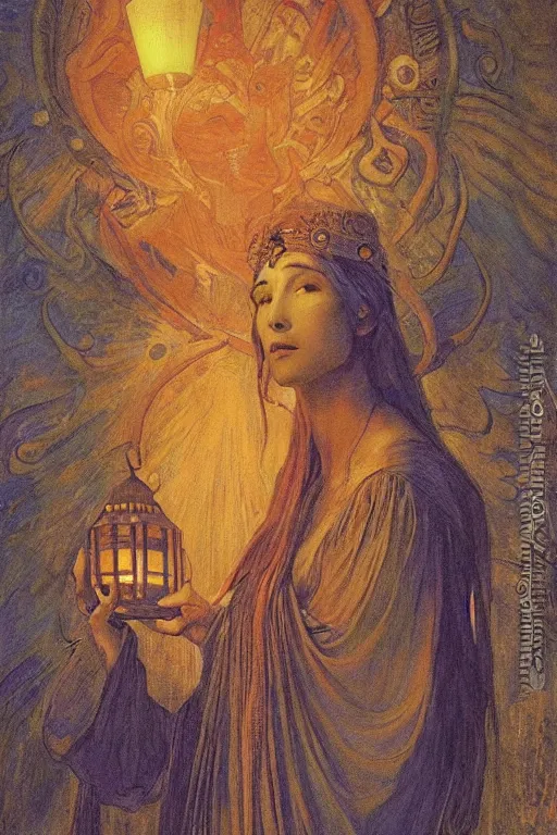 Image similar to queen of the moonlit dead with her lantern and regalia, by Annie Swynnerton and Nicholas Roerich and jean delville, dramatic cinematic lighting , ornate headdress , flowing robes, lost civilizations, extremely detailed