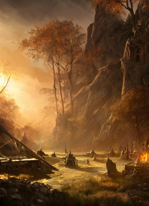 Prompt: camp in the woords, ultra detailed fantasy, elden ring, realistic, dnd, rpg, lotr game design fanart by concept art, behance hd, artstation, deviantart, global illumination radiating a glowing aura global illumination ray tracing hdr render in unreal engine 5