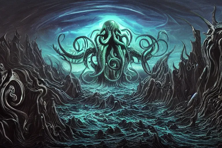 Image similar to man is seeing old god eldritch horror cthulhu terrifying the night sky of a city, epic scene, hyper - detailed, gigantic cthulhu, photo - realistic wallpaper, dark art, oil paint