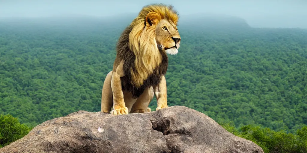 Image similar to hyperrealistic photo of a lion roaring on top of a rock over looking the jungle, 8 k