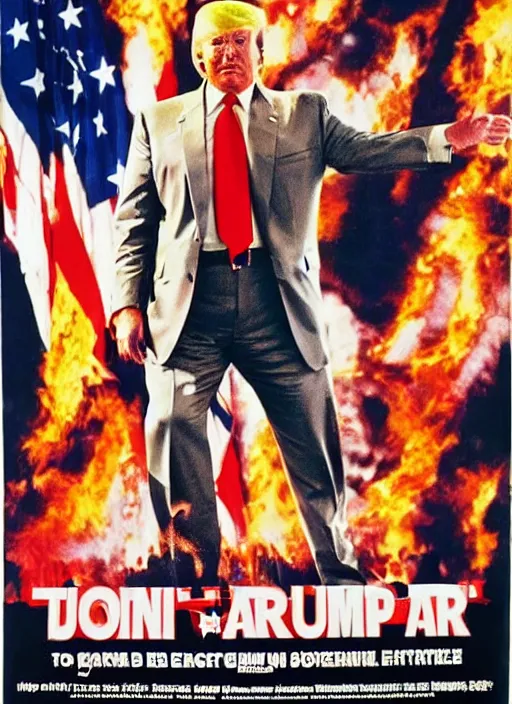 Image similar to an 8 0's john alvin action movie poster of donald trump starring in dumpster fire. explosions.