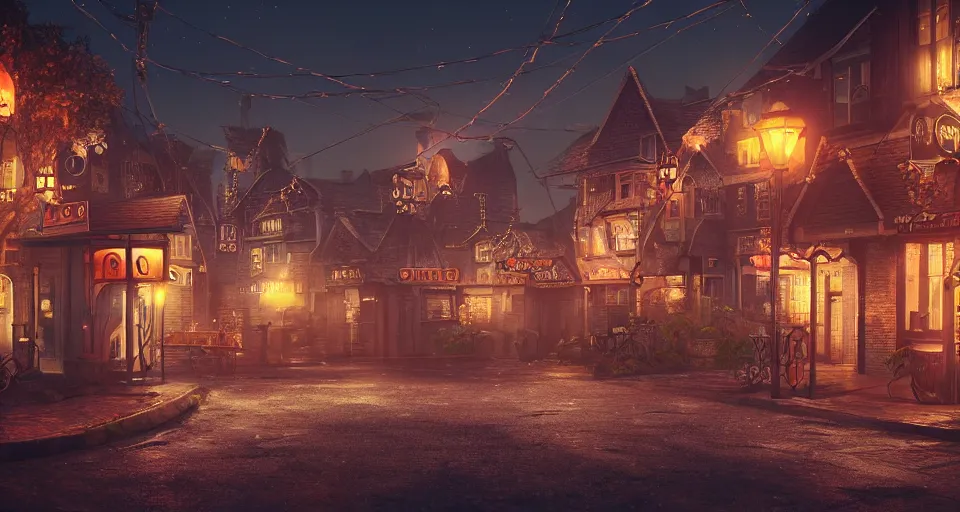 Prompt: a Village Street at night, a few streetlights, illuminated houses with fairy lights, neon signs, steam punk, highly detailed, octane render, trending on artstation