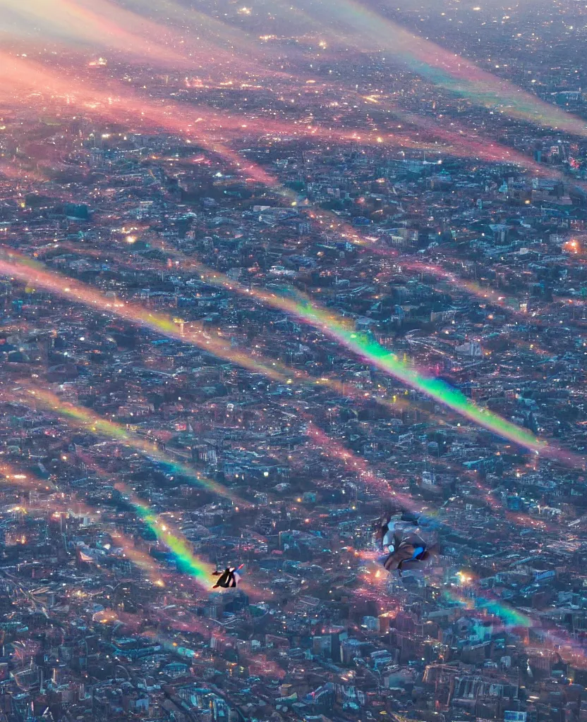 Image similar to a student flying upwards through iridescent clouds at dusk in a lit up city