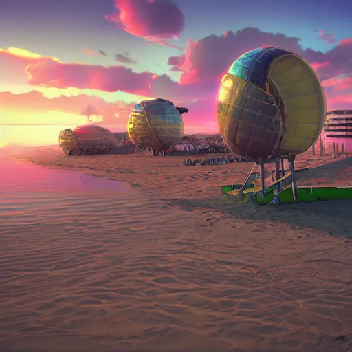 Prompt: solarpunk beach at sunset trending on artstation