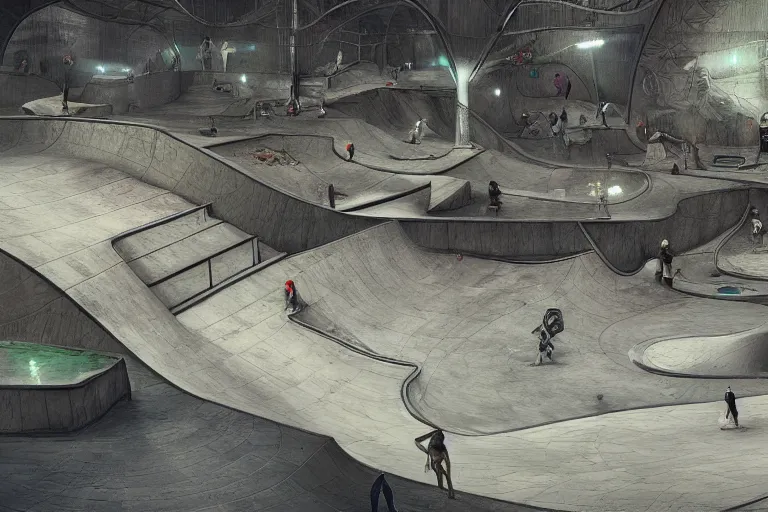 Prompt: dystopian skatepark, digital art, highly detailed, sharp, 4 k