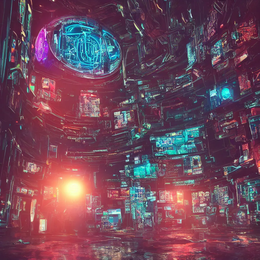 Prompt: a highly detailed photo of a cyberpunk room, high tech, neon backlit, round window, 8 k