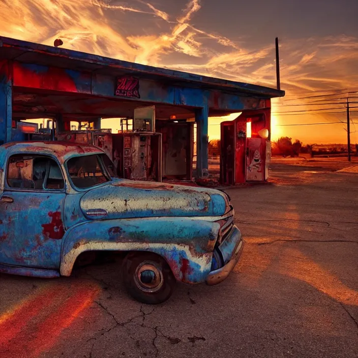 Image similar to a sunset light landscape with historical route 6 6, lots of sparkling details and sun ray ’ s, blinding backlight, smoke, volumetric lighting, colorful, octane, 3 5 mm, abandoned gas station, old rusty pickup - truck, beautiful epic colored reflections, very colorful heavenly, softlight