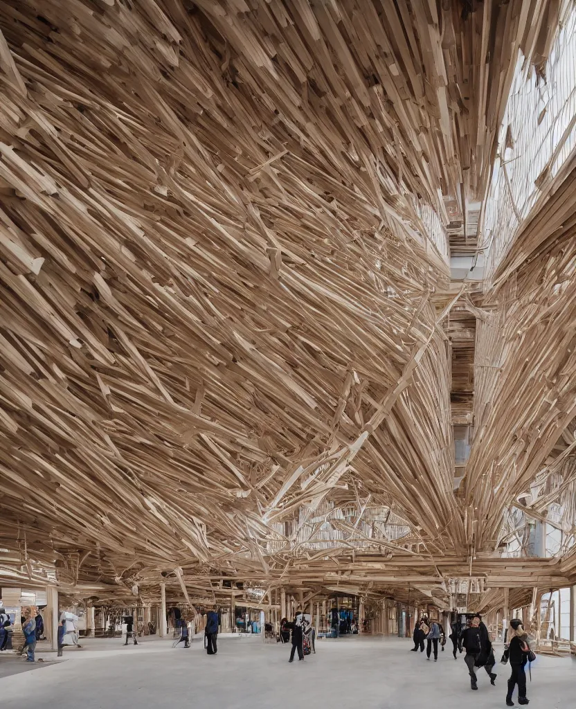 Prompt: a complex building, large wood joinery, dowels and pegs, people walking, architectural photography