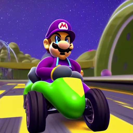 Image similar to Thanos in Mario Kart Game, screenshot from the game,artstation, hyperdetalied,high quality, high rendering, realistic,HD,