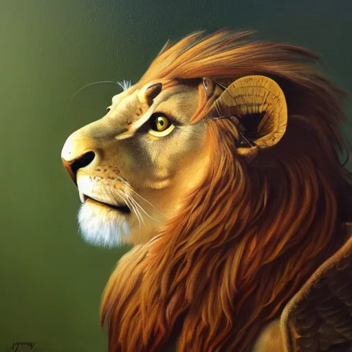 Image similar to a realistic oil painting portrait of a winged lion with an eagle head, highly detailed, trending on artstation, by james gurney and michael whelan